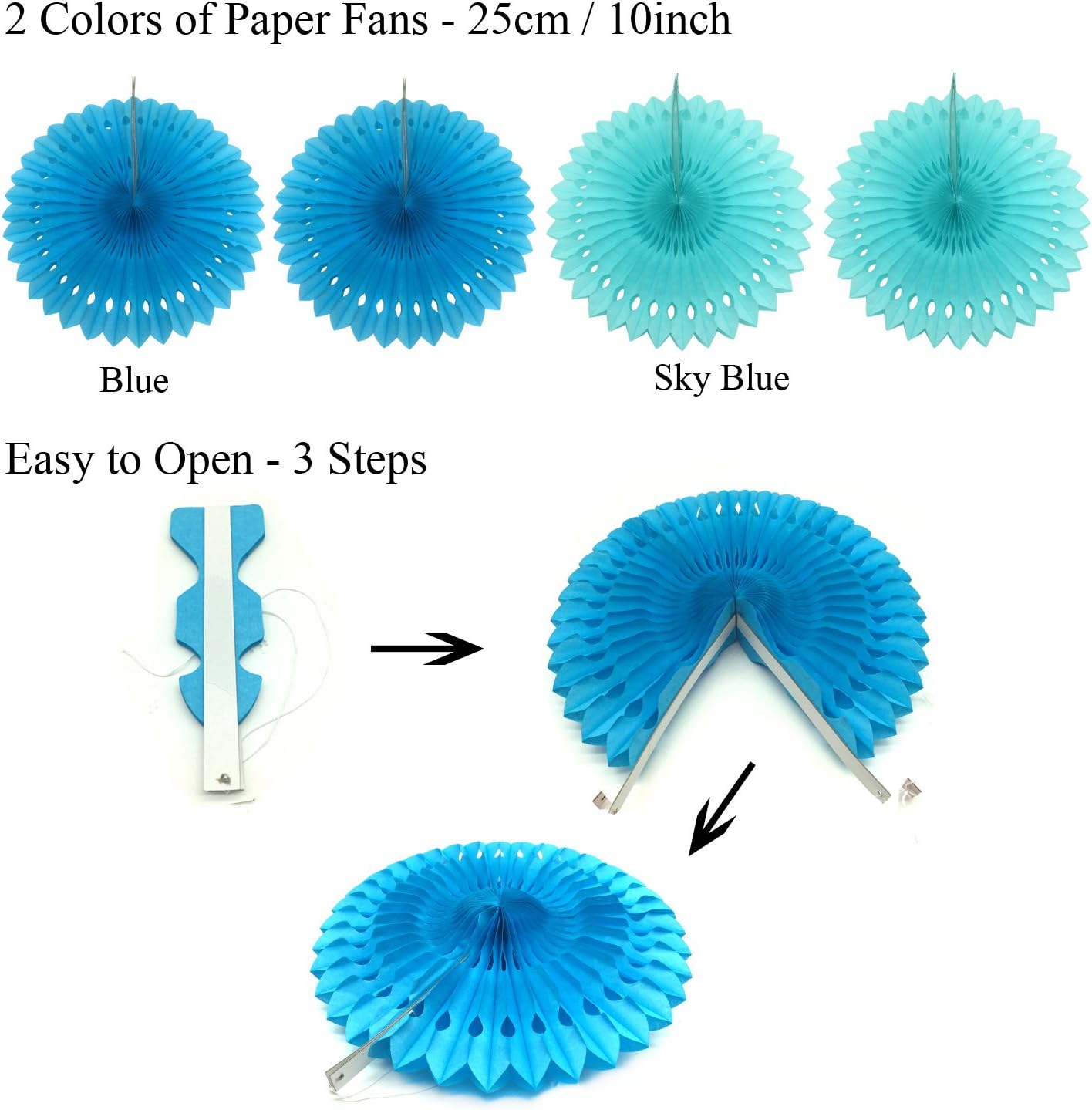ZERODECO Party Decoration, 21 Pcs Blue Hanging Paper Fans, Pom Poms Flowers - Image 4