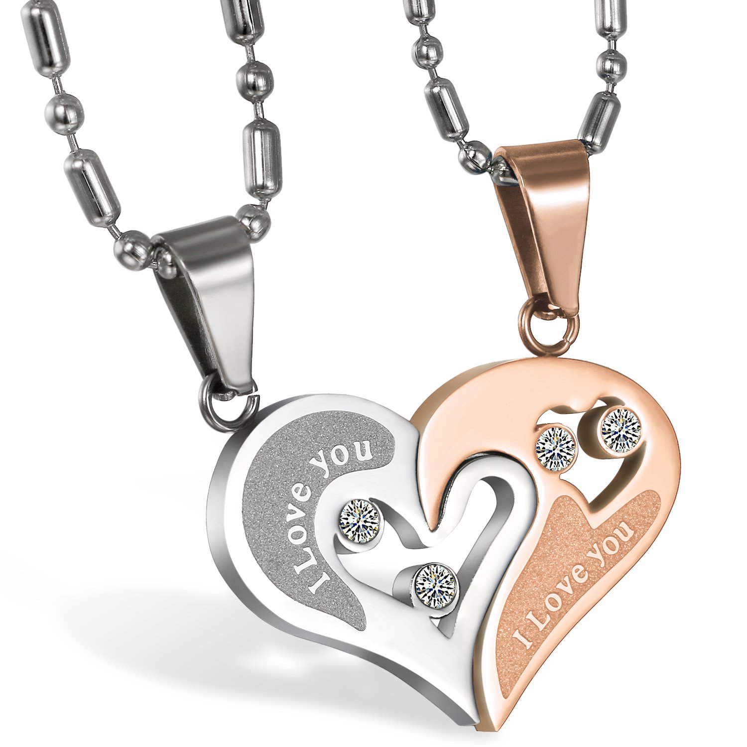 JewelryWe Valentine Love Gifts 2pcs His and Hers Heart Stainless Steel Pendant I Love You Promise Necklace Set (One Pair)