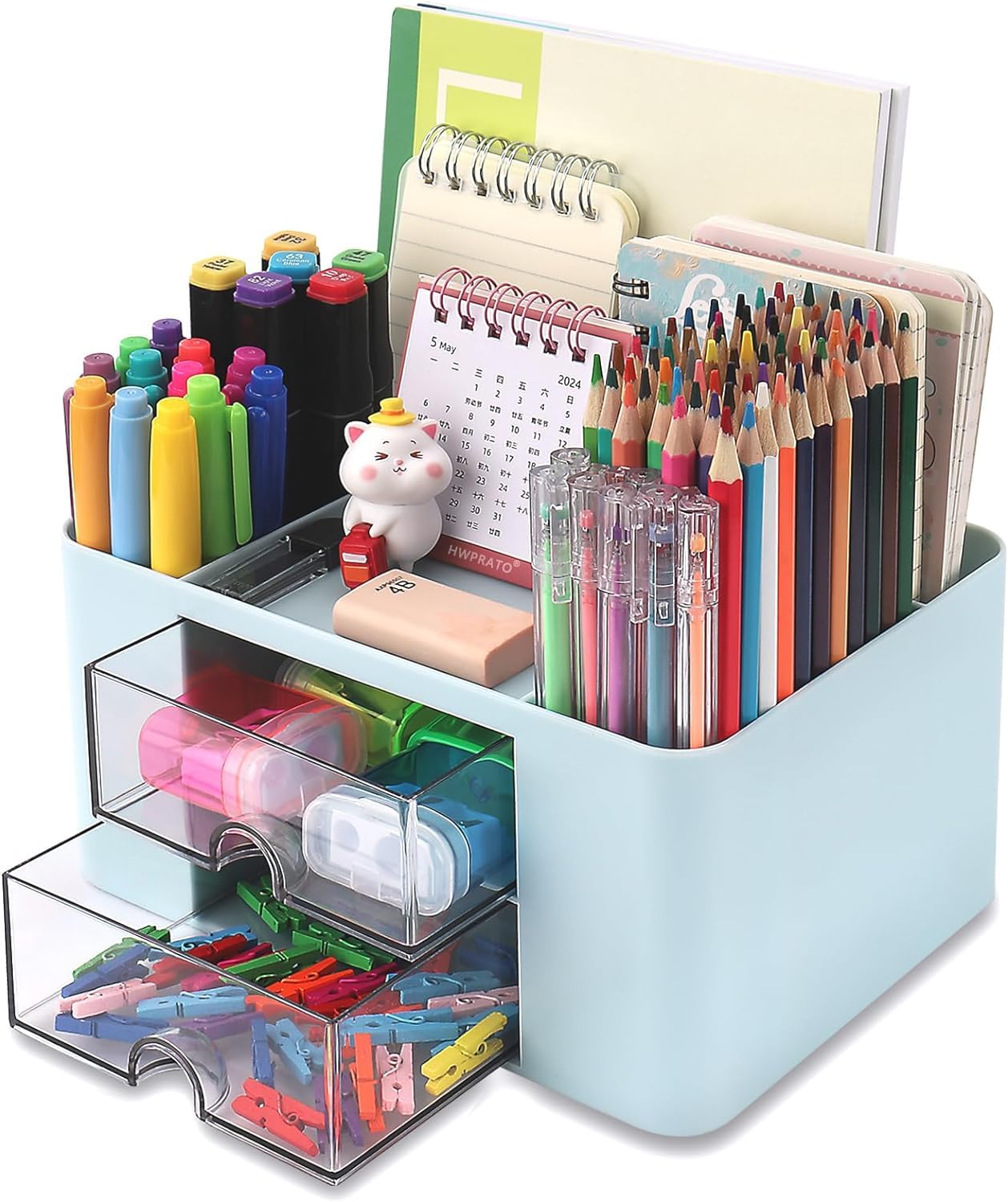 KAHEIGN Desk Organiser with 2 Drawers, 19CM x 14CM Multi-Functional Desk Tidy Organiser Large Capacity Pen Holder Makeup Organizer for Kids Teacher Gift Office School Home Table Decor (Blue)