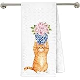 gsgfdshf Chinoiserie Pink Floral Orange Cat Kitchen Towels 16x24 in, Orange Cat Gifts for Women, Blue and White Grandmillennial Floral Kitty Decorative Hand Tea Dish Towels for Bathroom Kitchen