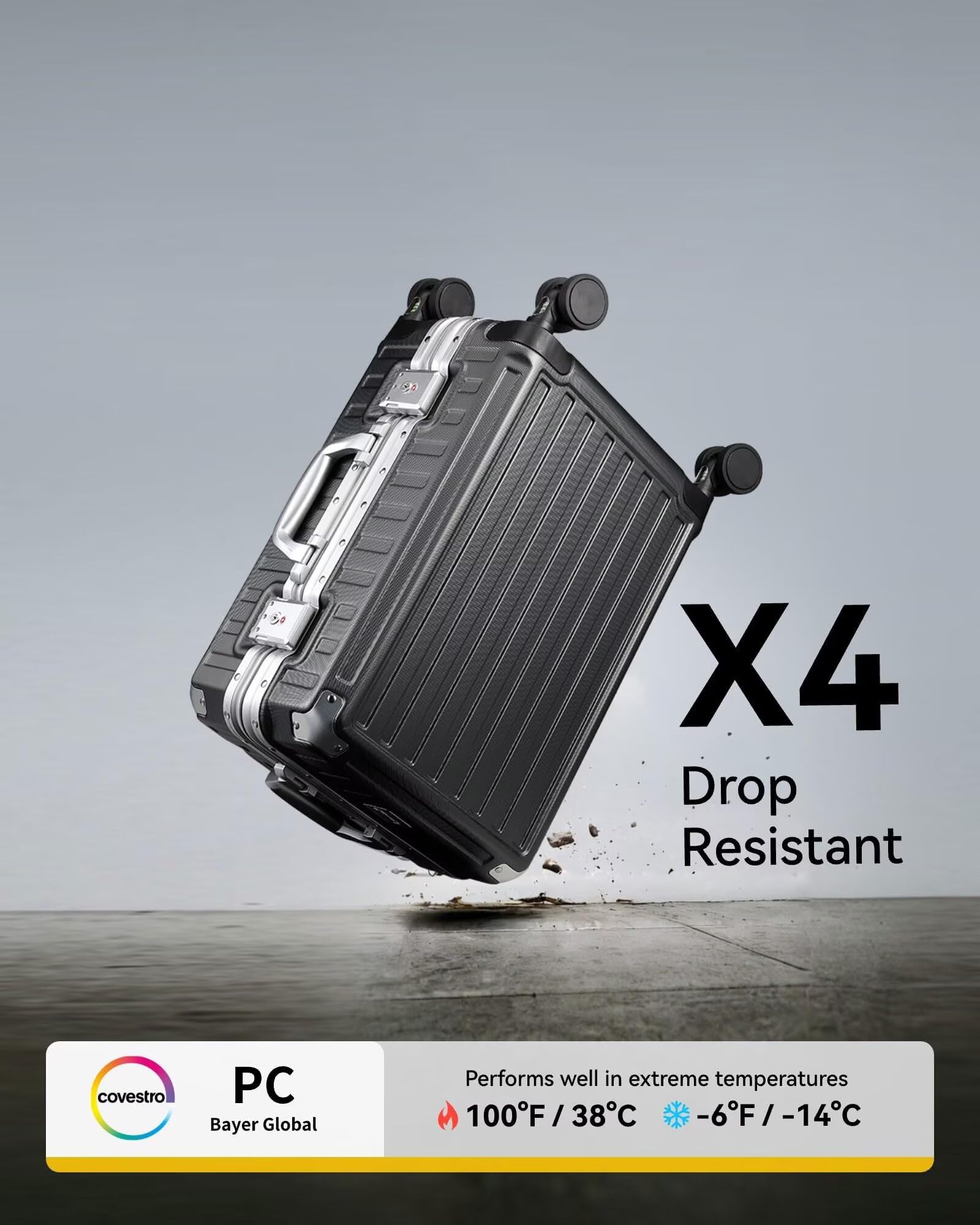 LUGGEX Carry On Luggage with Spinner Wheels, 20 Inch Aluminum Frame Zipperless Polycarbonate Hard Shell Suitcase, Charcoal Metallic