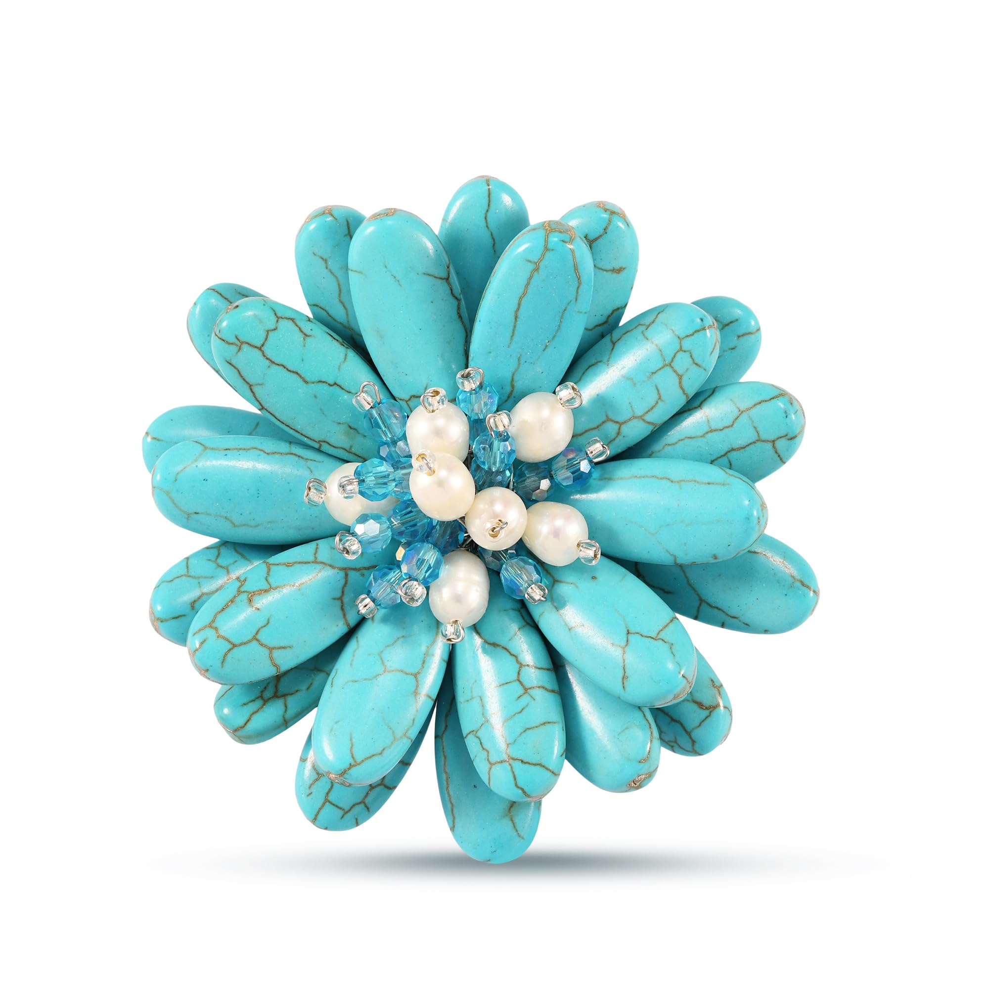 Double Sunflower Simulated Turquoise and White Cultured Freshwater Pearl Floral Pin or Brooch