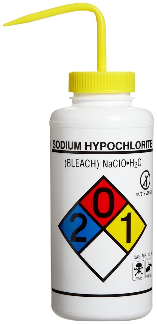 SP Bel-Art Safety-Labeled 4-Color Sodium Hypochlorite (Bleach) Wide-Mouth Wash Bottles; 1000ml (32oz), Polyethylene w/Yellow Polypropylene Cap (Pack of 4) (F11732-0015)