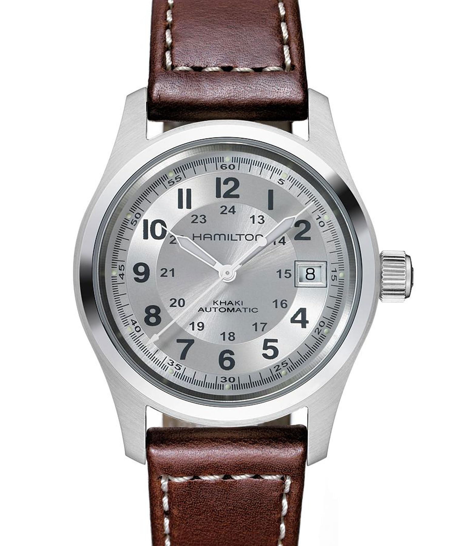 Photo 1 of Hamilton Khaki Field Automatic Men's Watch, 38mm Stainless Steel Case, Swiss Made, Silver Dial Analog Wrist Watch for Men, 100m Waterproof, Sapphire Crystal, 3-Hand Movement, Cow Leather Strap