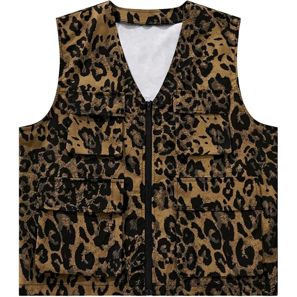 Verdusa Men's Leopard Print Zip Up Cargo Vest Sleeveless V Neck