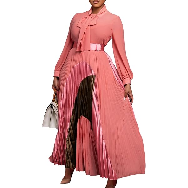 2025 Women's Fashion Color Block Bow Tie Neck Shirt Dress Long Sleeve  A-line Pleated Flowy Maxi Party Cocktail Dress(Pink,Small) at Amazon  Women's Clothing store