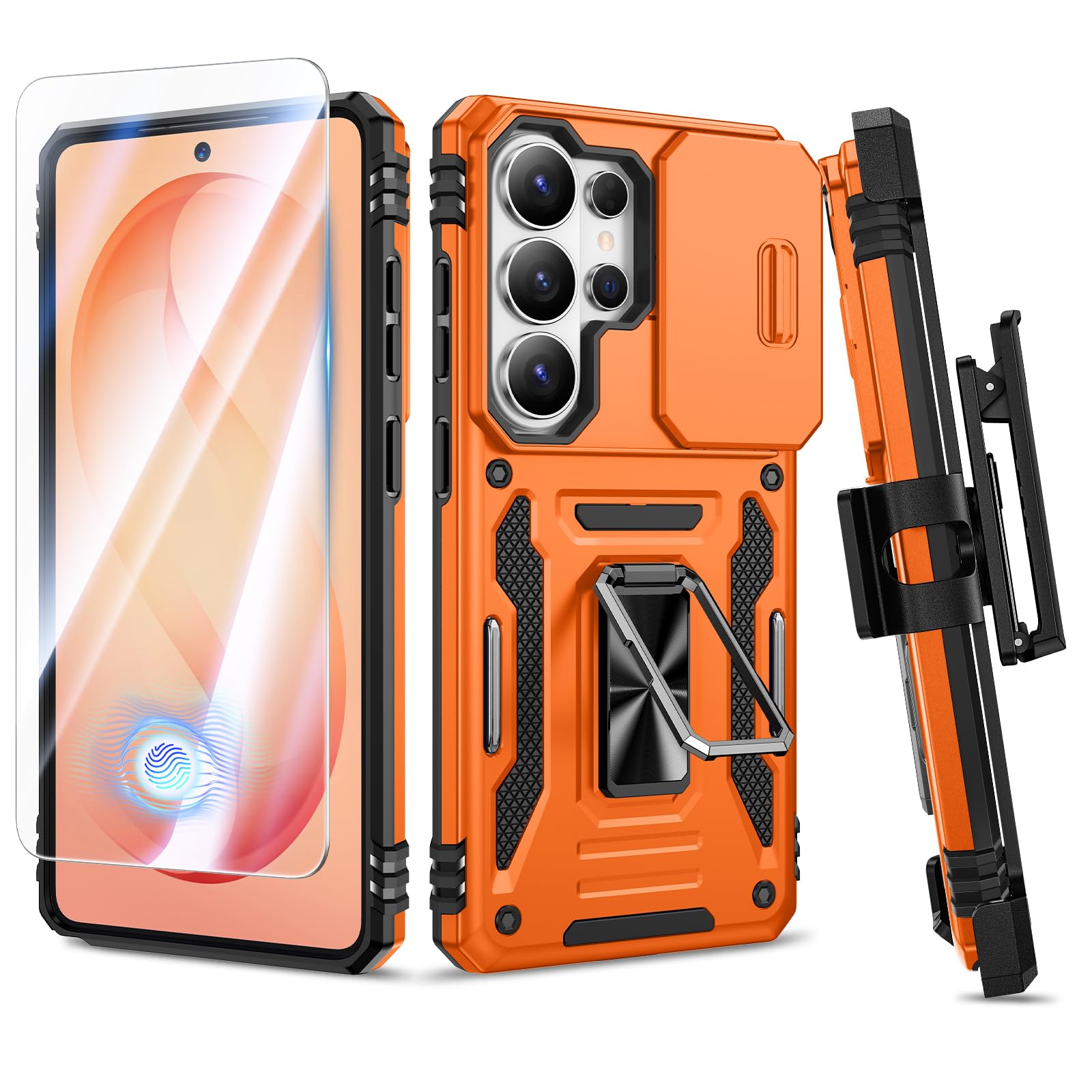 VEGO for Galaxy S26 Ultra Case, with Belt Clip Holster & Slide Camera Protector & Tempered Glass Screen Protector & Ring Kickstand Heavy Duty Protection Cover for Samsung Galaxy S26 Ultra - Orange