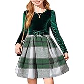 Arshiner Girls Dresses Long Sleeve Velvet Plaid Patchwork Holiday Party Dress with Pockets