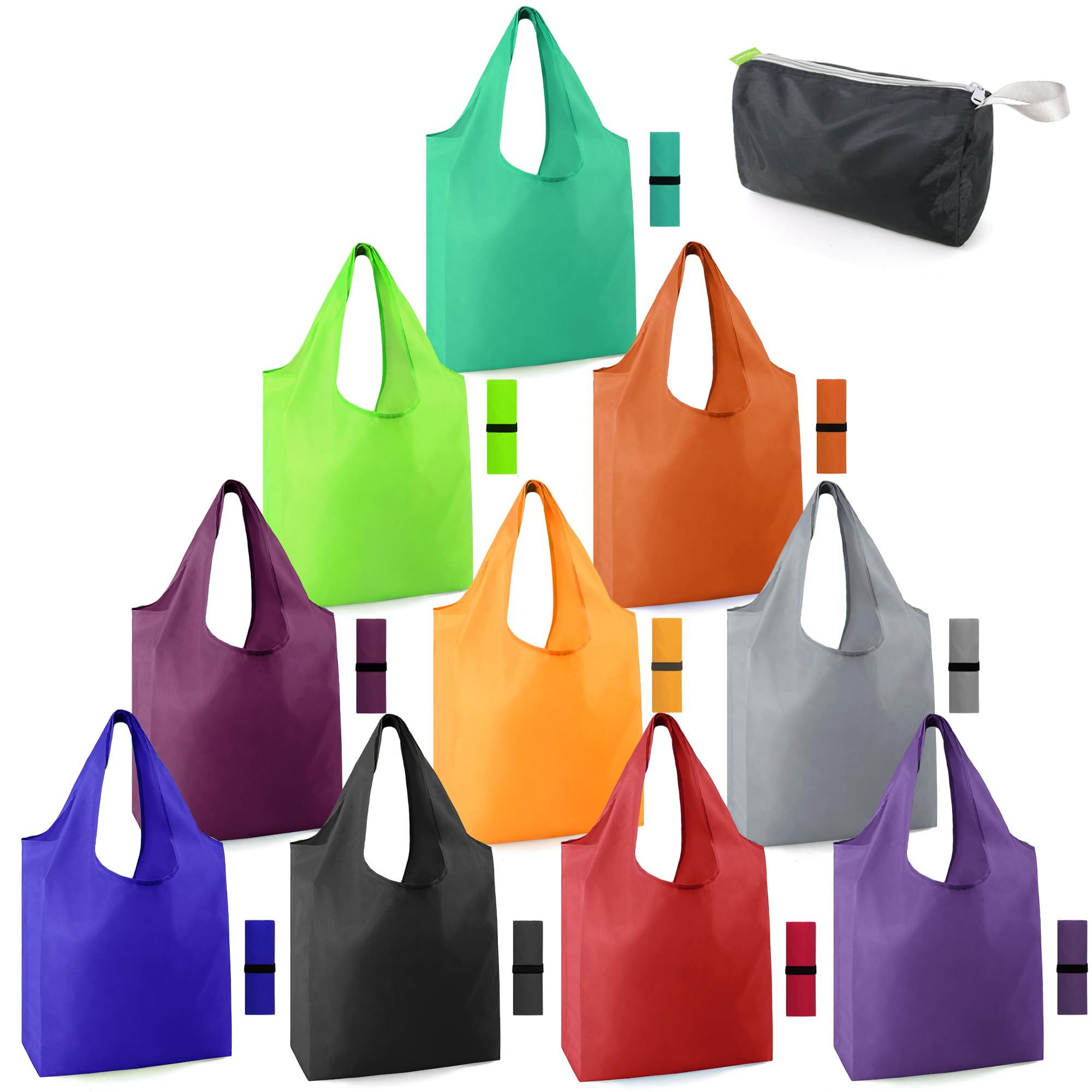 Reusable-Grocery-Bags-Foldable-Machine-Washable-Reusable-Shopping-Bags-Bulk Colorful 10 Pack 50LBS Extra Large Folding Reusable Bags Totes w Zipper Storage Bag Sturdy Lightweight Polyester Fabric