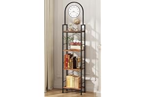 HIGDBFE Bookshelf, 4 Tier Arched Bookshelf with Built-in Clock, 68.2" Tall Narrow Bookcase, Modern Standing Book Shelf for Li