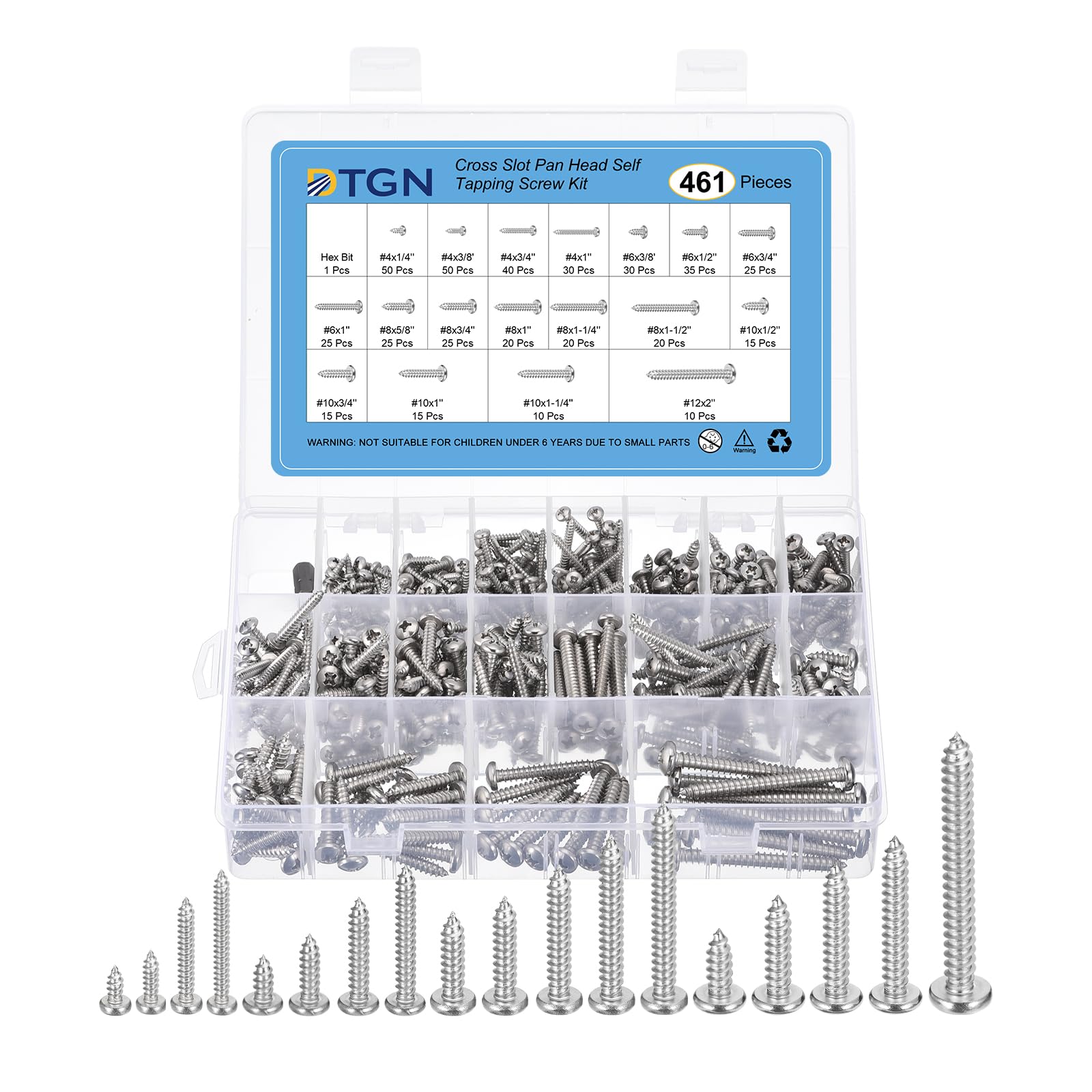 DTGN Pan Head Sheet Metal Screws Assortments 304 Stainless Steel Self-Tapping Screws Hardware Kit,Washed Silver(Size:#4x1/4-#12x2-460pcs+1 Cross head Wrench)
