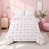 Erosebridal Pink Bow Twin Bedding Set for Girls,Pink Floral Coquette Comforter Set for Kids Dreamy Princess Style Bowknot Bed Set Girly Bow Tie Ribbon Heart Shaped Duvet Insert with 1 Pillow Case