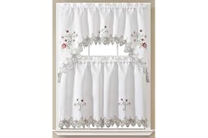 GLORY RUGS 3pc Kitchen Curtain Flower White Valance Set 1 Swag Valance and 2 Tiers 2 Tiers Width 29"x 34" Each and The Valance Length 58"x34"