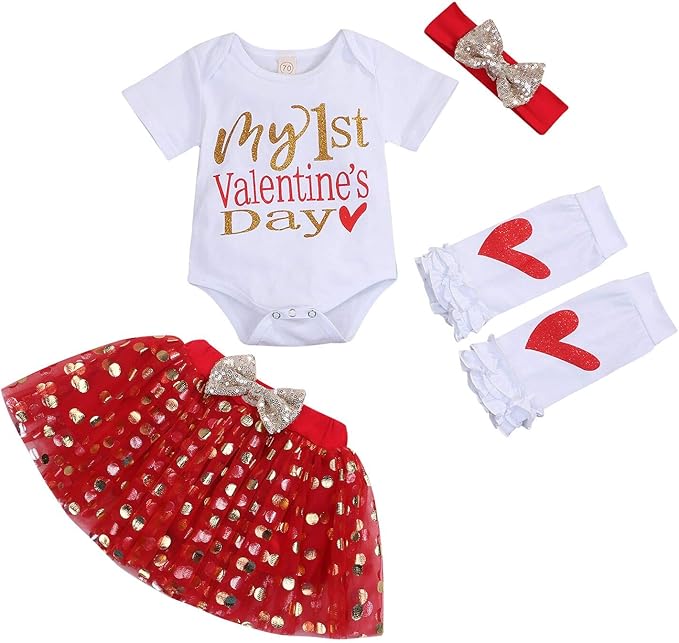ZOELNIC Baby Girls My First Valentine Skirt Set Toddler Romper + Golden Dots Tutu Skirt + Headband 4PCS Outfits (Red, 12-18 Months)