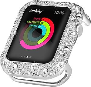 Ritastar Bumper Case for Apple Watch 40mm Stainless Steel Bling Rhinestone Protective Cover Anti-Scratch Shockproof Full Coverage Protection Embossed with Rose Jewelry for iWatch Series 4 5,Silver