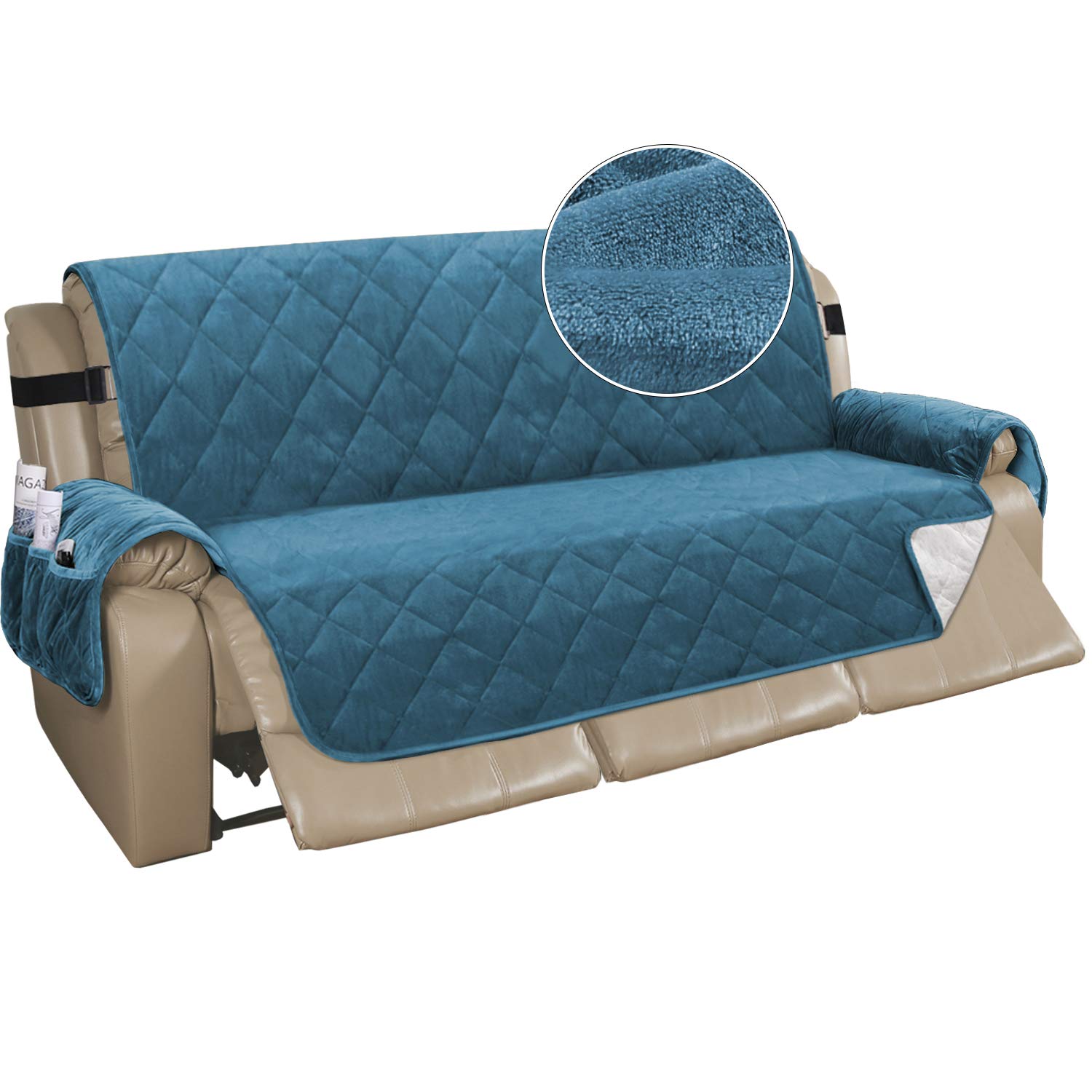 Photo 1 of Turquoize Velvet Recliner Couch Cover - Slip Resistant Recliner Protector with Straps - Seat Width Up to 78" (Peacock Blue)