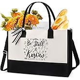 VeloKomo Christian Canvas Tote Bag - Bible Verse Gifts Bags Be Still and Know Bible Floral Canvas Bags Beach Bag with Zipper Gifts Personalized Inspirational Present for Women Birthday Thanksgiving