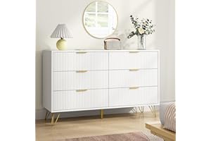 BAZELOR White 6 Drawer Dresser with Golden Handle, Fluted Wood Dressers, Modern Chest for Bedroom, Living Room, Hallway, Entryway