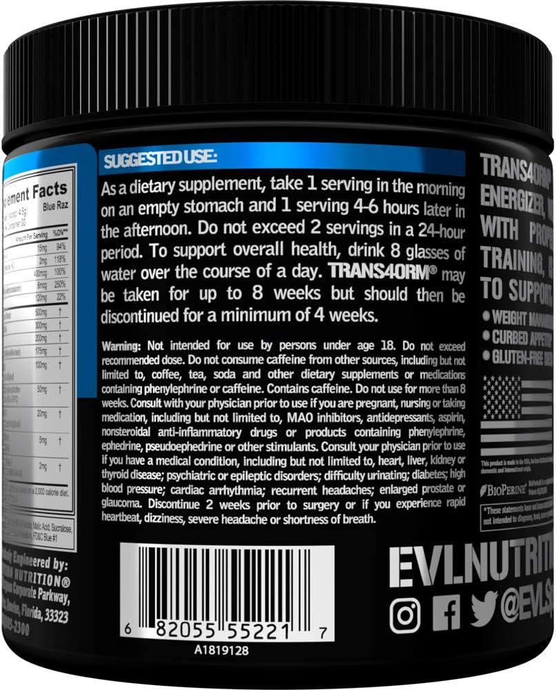 Evlution Nutrition Trans4orm Thermogenic Energizing Fat Burner Supplement, Increase Weight Loss, Energy and Intense Focus, 30 Servings (Blue Raz): Health & Personal Care