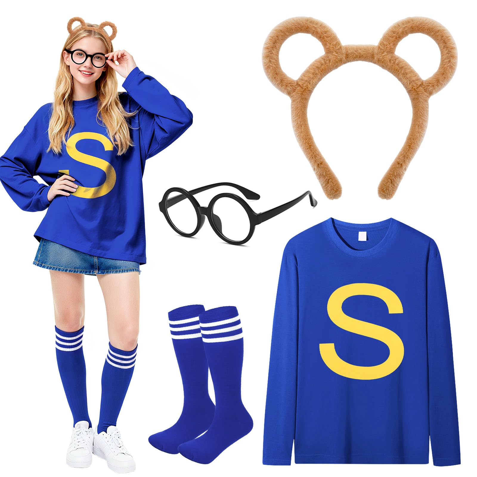 Dazzroi 4Pcs Chipmunks Costume Set for Adults, Chipmunk Fancy Dress Outfit with Long Sleeve Top, Chipmunks Headband, Glasses, Soccer Socks for World Book Day, Halloween Cosplay, Animal Themed Party