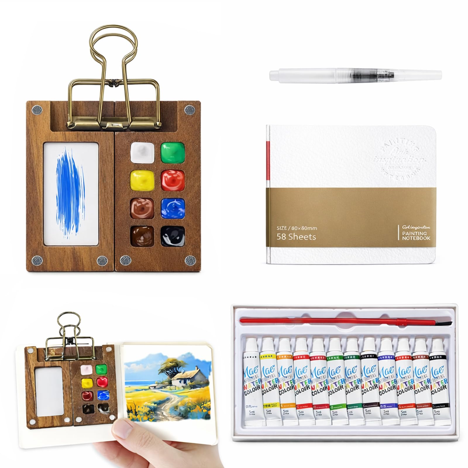 QianDanS 8 Grids Mini Watercolour Paint Set, Portable Palette, Travel Miniature Painting Kit with a Drawing Book, a Painting Pen, a Clip and paints (Walnut Color)