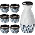 Sake Set Ceramic Japanese Sake Set of 7 include 1 Sake bottle 6 Sake Cups for Hot or Cold Sake at Home or Restaurant