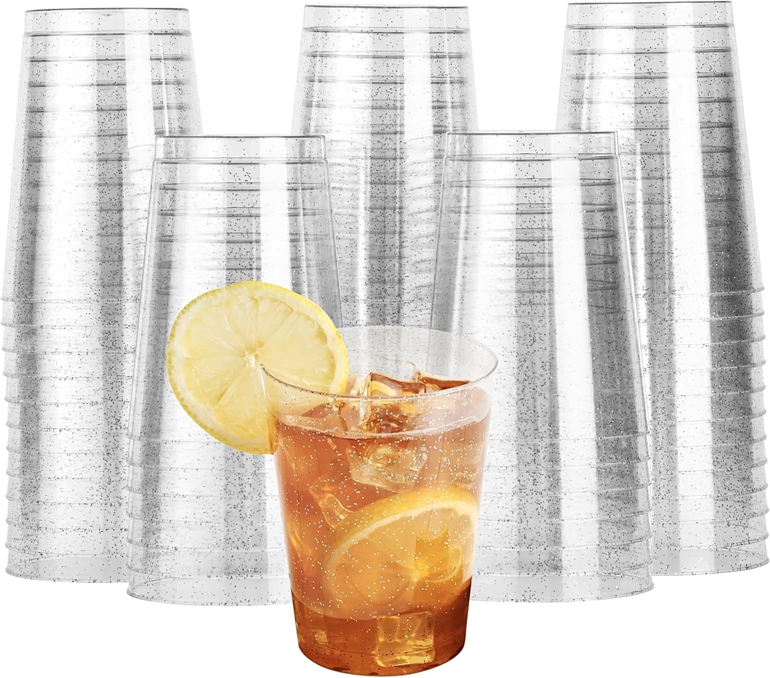 MATANA 60 Clear Hard Plastic Cups, Tumblers with Silver Glitter (285ml / 10oz) - Sturdy & Reusable - Birthdays, Weddings, Anniversary, Christmas, BBQ, Picnic, Parties