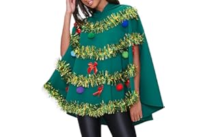 IMISSILLEB Womens Christmas Tree Costume Plus Size Xmas Tree Poncho Adult Green Hooded Cape with Tinsel Bow Hairballs