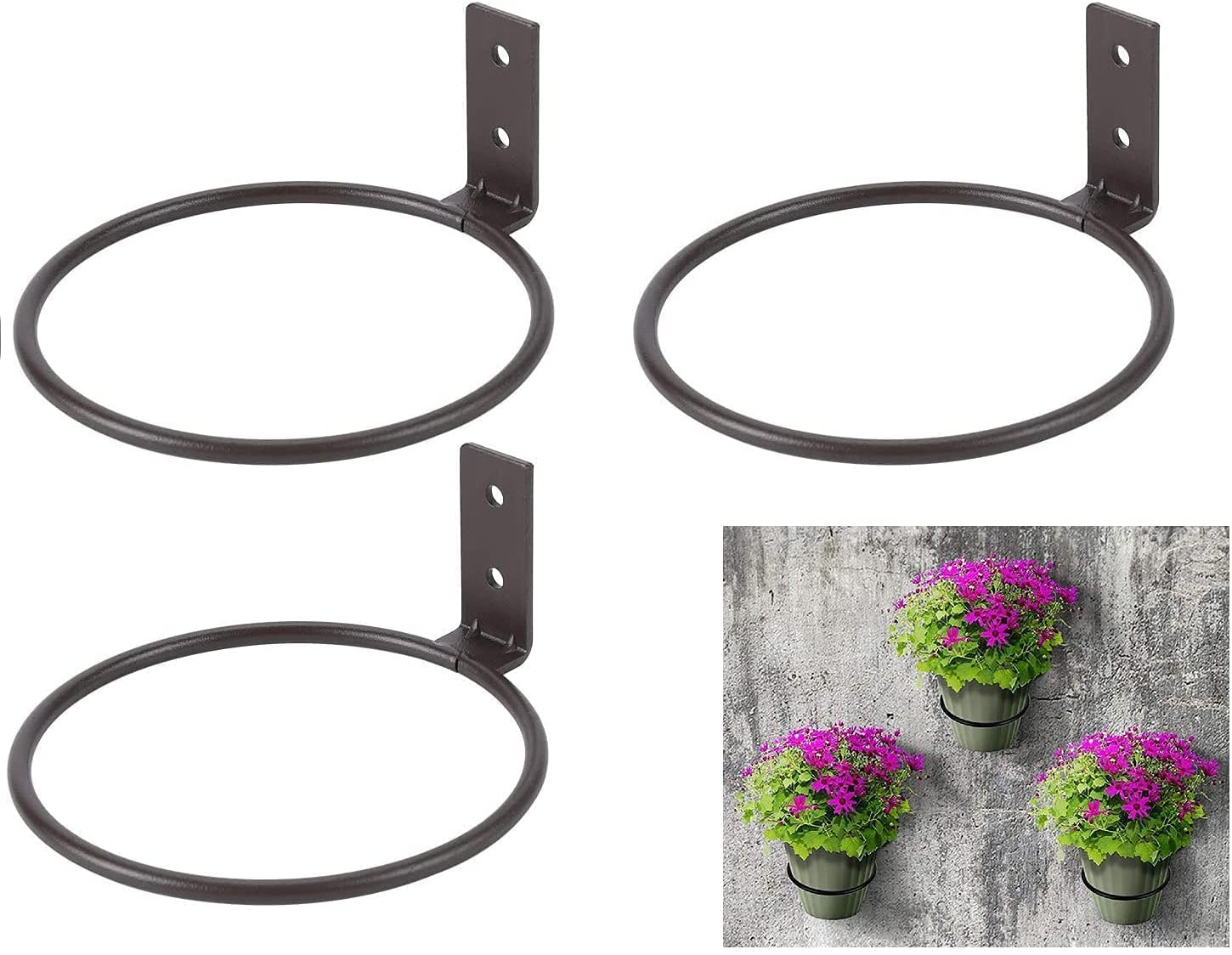 Wall Planter Hook, Wall Mounted Flower Pot Holder Ring Plant Hanger for Outdoor/Indoor Home Decoration, Pack of 3, Black Metal