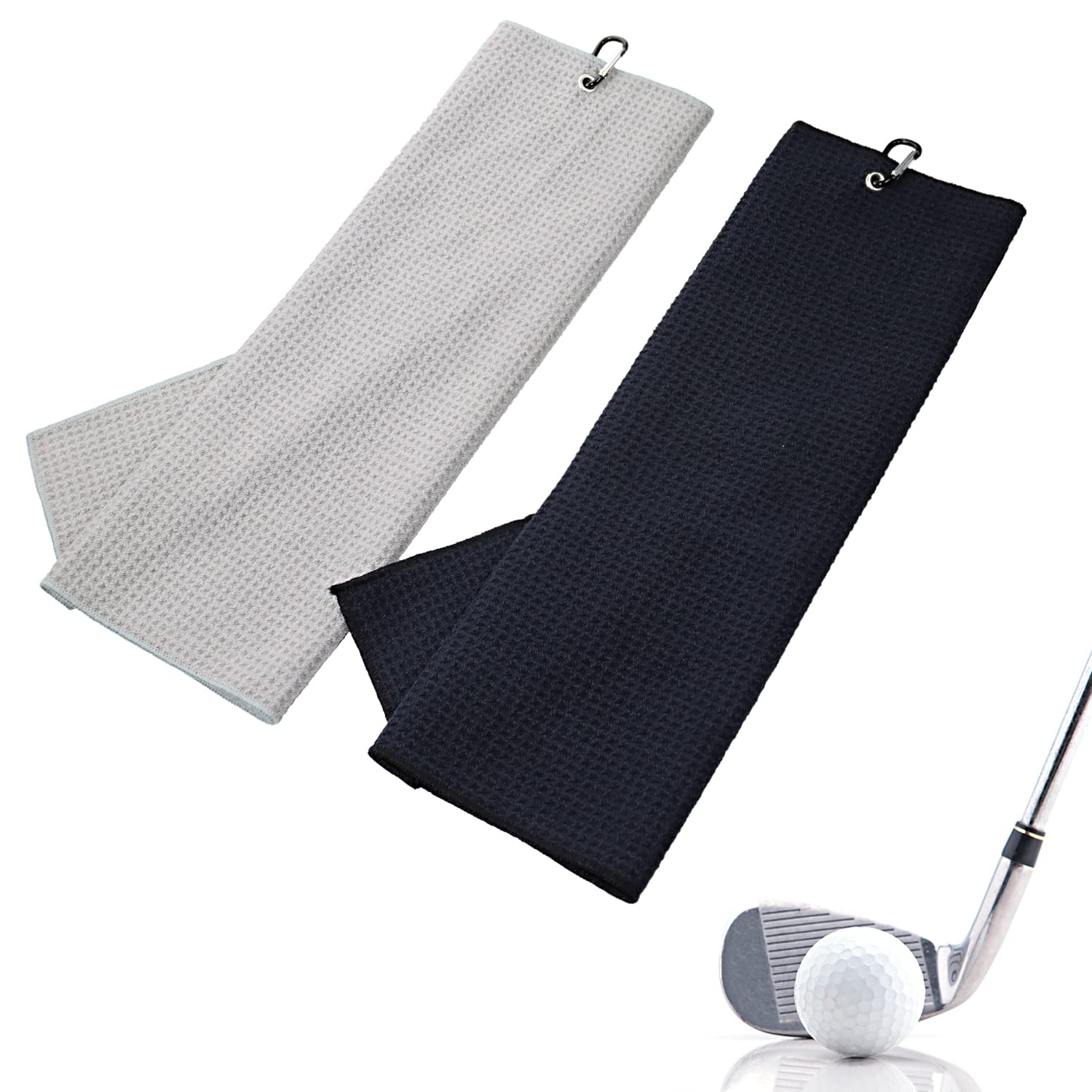 DBOO 2Pcs Premium Golf Towel Microfiber Fabric Golf Bag Towel with Carabiner Clip for Hanging on Golf Club Bag, Yoga Camping Gym - 40x40cm(Black+Grey)