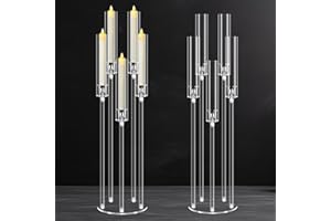 CHELOMENT 2Pcs 5 Arms Acrylic Candelabra Centerpieces for Tables Decortion,Clear Candle Holder for Wedding Dinner Fireplace Decoration,35 inches Tall Candlesticks Holder with Lampshade, Fits LED Candle