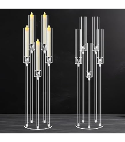 Candélabre Centre De Table Acrylique 5 Bras - Hauteur 68 Cm, Avec Abat-jour, Pour Bougies LED - 2 Pièces