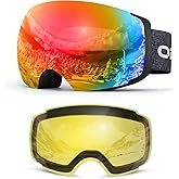 Odoland Magnetic Interchangeable Ski Goggles with 2 Lens, Large Spherical Frameless Snow Snowboard Goggles for Men Women