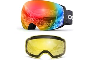 Odoland Magnetic Interchangeable Ski Goggles with 2 Lens, Large Spherical Frameless Snow Snowboard Goggles for Men Women