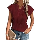 EVALESS Womens Summer Short Sleeve Textured Tops Trendy V Neck Cap Sleeve Solid Loose Dressy Casual Basic T Shirts Blouses