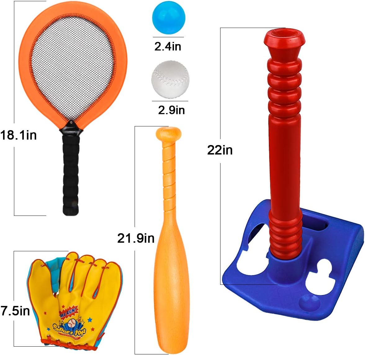 Meland T-Ball Set for Toddlers - Tee Baseball Sport Game with Toy Tennis Rackets, Baseball Gloves, 7 Balls, Outdoor Toy Birtday for Kids: Toys & Games