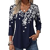 Zeagoo 3/4 Length Sleeve Womens Tops Casual V Neck Pleated Top Boho Floral Blouses Work Shirts
