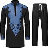 YND Men’s 2 Piece Set African Dashiki Shirt and Pants, Outfit with Gold Print