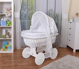 WALDIN Baby Stubenwagen-Set mit Ausstattung,XXL,Bollerwagen,komplett,44 Modelle wählbar,Gestell/Räder weiß lackiert,Stoffe weiß/Sterne-grau