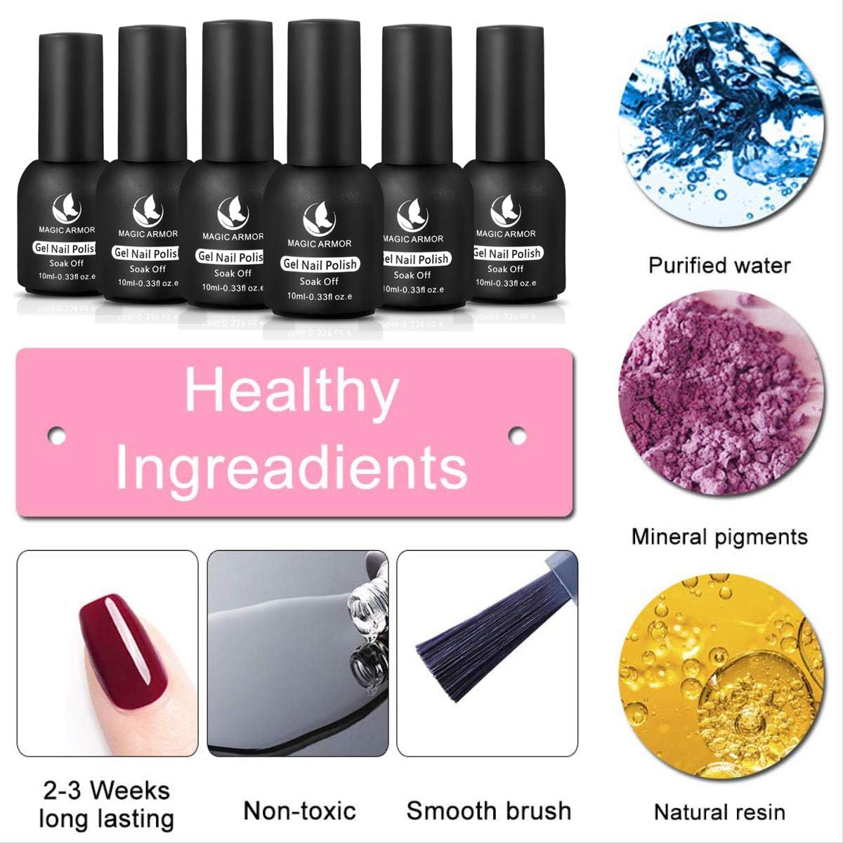 MAGIC ARMOR Gel Nail Polish Black Soak Off UV Gel Polish Nail Art Salon Manicure Nail Lacquer Varnish 10ml (002): Health & Personal Care