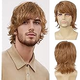 Tereshar Mens Brown Wig Short Layered Natural Wavy Synthetic Heat Resistant Hair Wigs Male Guy Daily Party Costume Halloween Shaggy Cosplay Wigs（Brown）