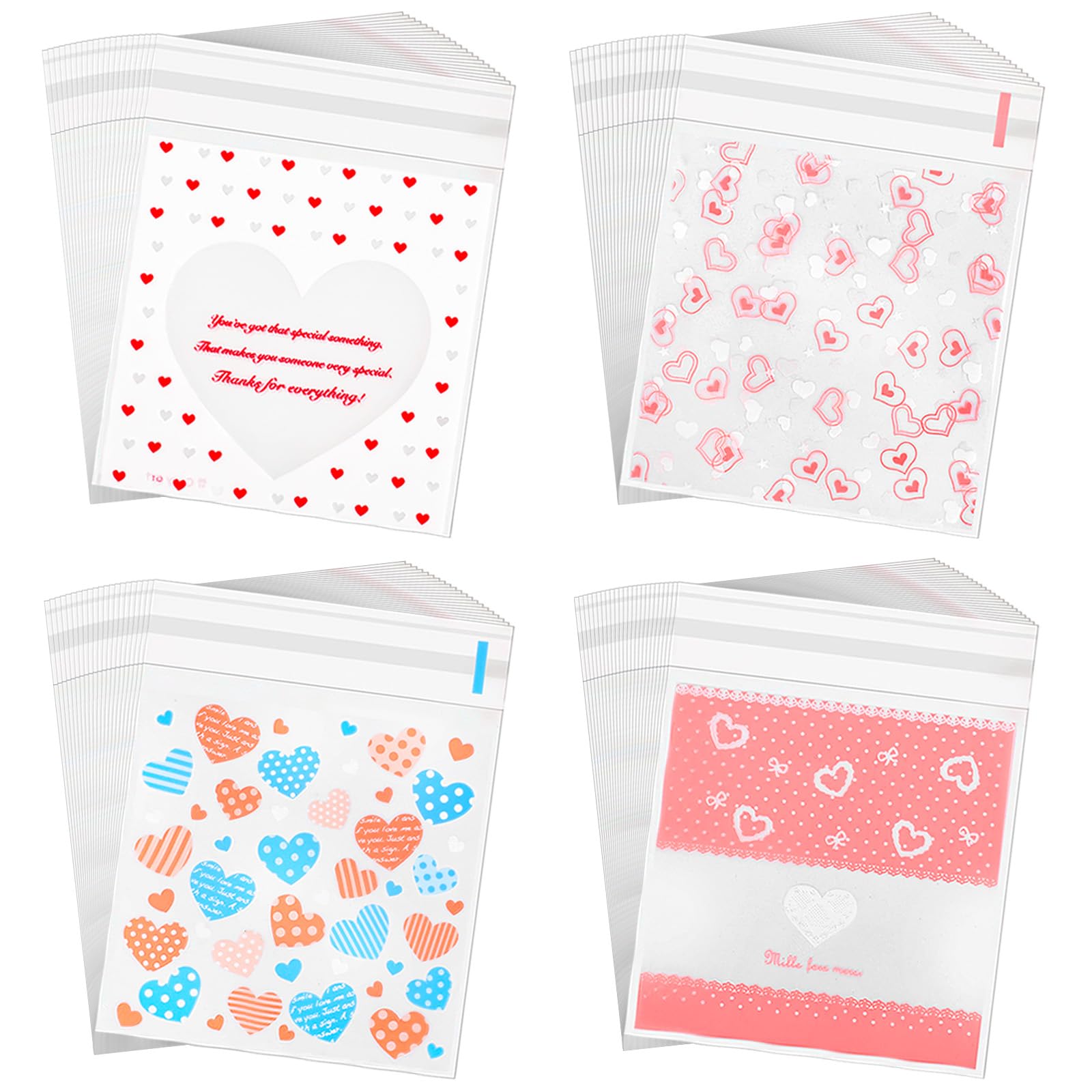 Whaline 400 Pieces Valentine Cellophane Bags Cookie Treat Bags, Heart Self-Adhesive Clear Plastic Candy Bags Party Favor Gifts Goodies Bags, 4 Styles