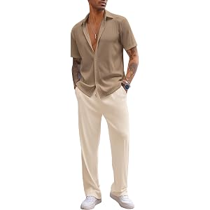 COOFANDY Men's 2 Piece Outfit Casual Short Sleeve Button Down Shirt Beach Summer Loose Pant Sets