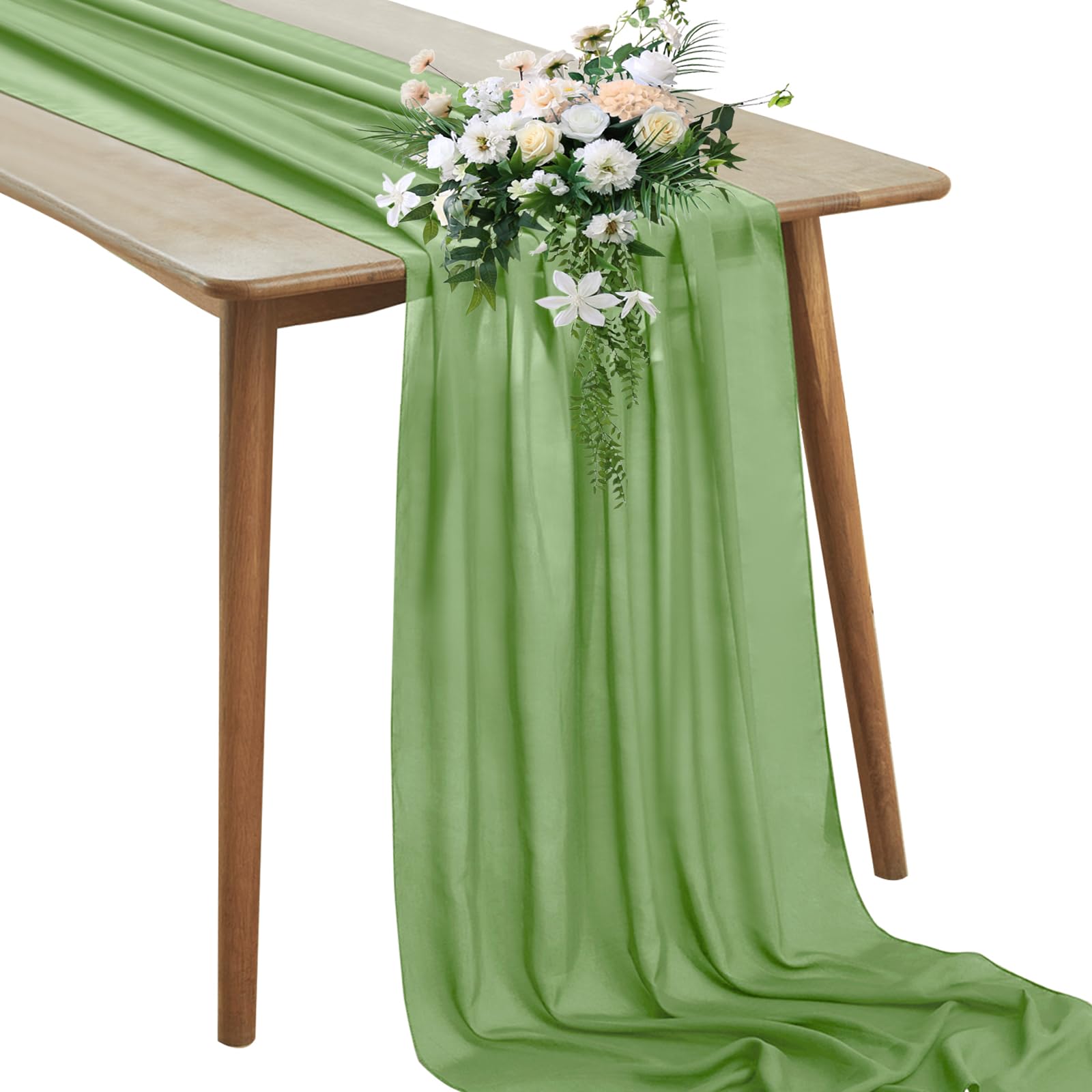 Photo 1 of Horbaunal Sage Green Chiffon Table Runners 10FT Sheer Chiffon Runner 29x120 Inches Romantic Boho Rustic Table Runner for Wedding Party Bridal Baby Shower Table Decorations