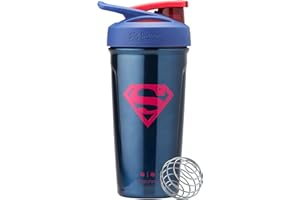 BlenderBottle Superman Strada Shaker Cup Insulated Stainless Steel Water Bottle with Wire Whisk, 24-Ounce, Man of Steel - Blue