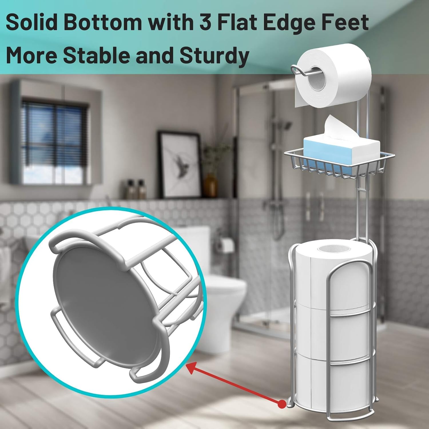 Upgrade Toilet Paper Holder Stand, Silver Gray Freestanding Toilet Paper Roll Holders with Shelf, Bathroom Tissue Storage Rack: Kitchen & Dining