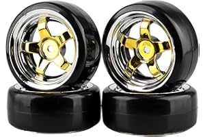 Shaluoman Plating 5-Spoke 12mm Hub Wheel Rims with Hard Plastic Tires for RC 1:10 Drift Car Gold