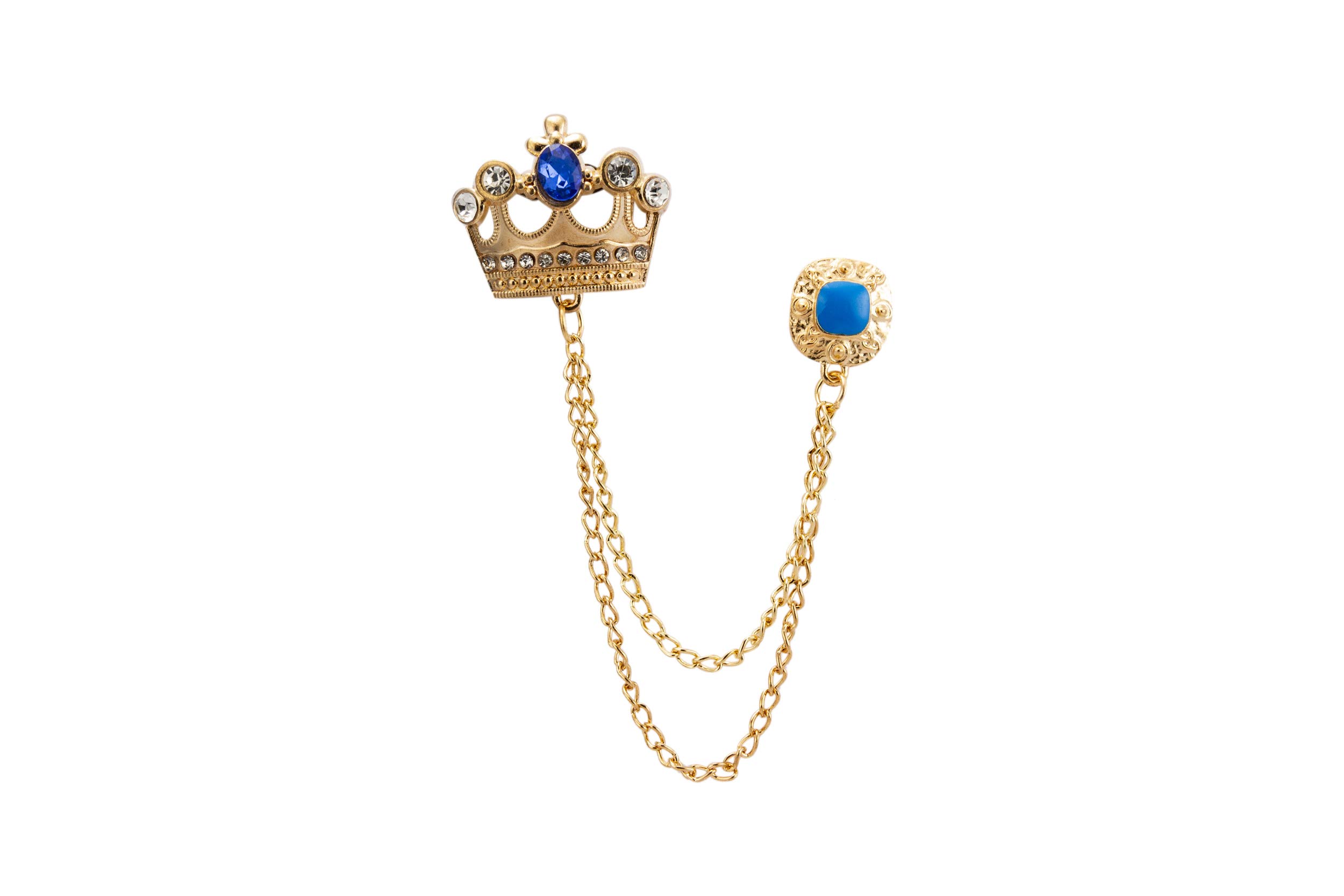 Brooch Lapel Pin for Men Golden Crown with Blue Stone and Hanging Chain Lapel Pin Badge Coat Suit Wedding Gift Party Shirt Collar Accessories