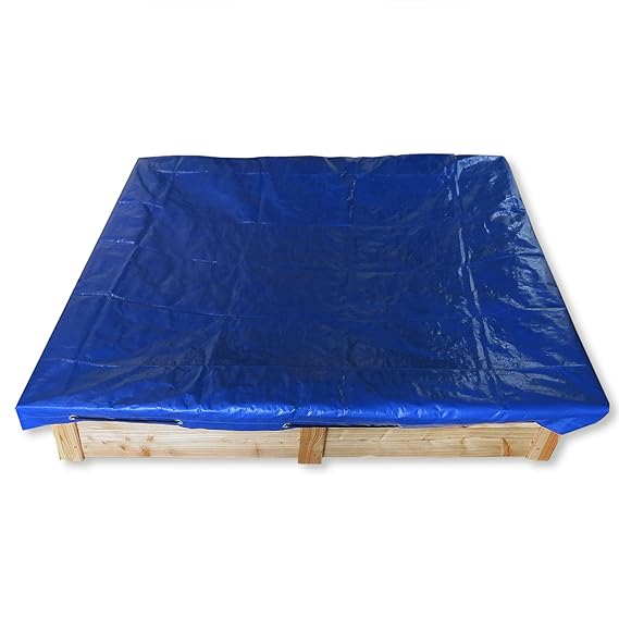 Gartenpirat Sandkasten 150x150 mit aus Holz Lärche mit Abdeckung Plane blau