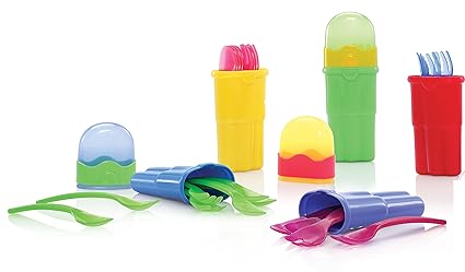 Nuby ID5242 - Pack con 4 cucharas y 4 tenedores coloridos en estuche transportable, 9